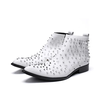 2023, однотонная обувки за партита в британски стил с нитове, модни каубойски ботуши с остри пръсти, оригинални мъжки къси ботуши от естествена кожа