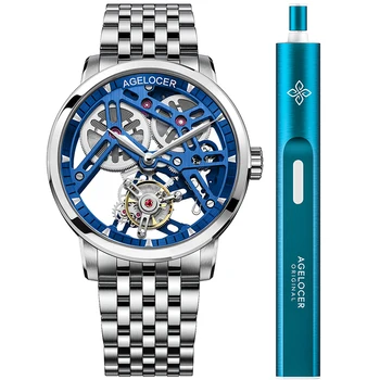 AGELOCER Мъжки часовник от висок клас на марката Tourbillon Двустранни кухи механична с ръчно управление, аналогов луксозно рокля от неръждаема стомана