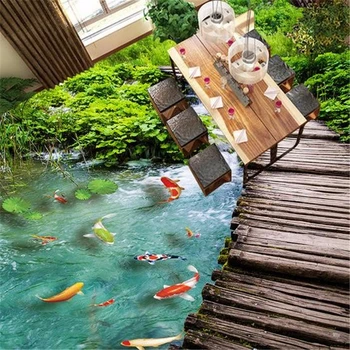 Beibehang Потребителски 3d подове Водоустойчиви етикети 3D стикери на подови плочки и Девет риба и дървен мост Конфигуриране на подови настилки от всякакъв размер