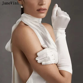 JaneVini 2023 Елегантна дамска ръкавица Бяла дължина 55 см, сатен сватбени ръкавици за целия пръст, с дължина до лакътя, аксесоари за сватбени партита