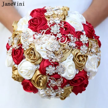 JaneVini Нови сватбени букети от златисто светло лилави ленти с цветя, страхотна диамант изкуствена сватбена брошка, букет от Ramo De Новия