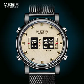 MEGIR 2020 Нови луксозни часовници Мъжки военни спортни кварцов часовник с роликовой показалка, мъжки модерен часовник с мрежесто каишка от неръждаема стомана