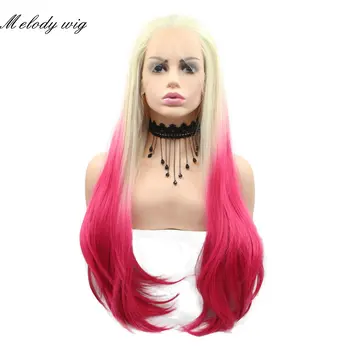 Melody Синтетични перуки на дантели отпред топлоустойчива #613 Blond омбре розови дълга копринена пряко за жени, натурална ежедневни облекла