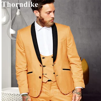 Thorndike 2021, Есен Нова Trend стил, Светло Оранжево Мъжки Красив костюм на Младоженеца от 3 теми, Модерен смокинг (сако, жилетка и панталон)