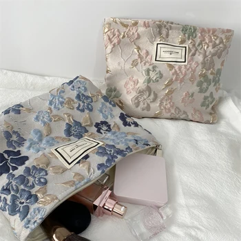 Дамска пътна чанта за съхранение, платно органайзер за тоалетни принадлежности с френски релефни цветя модел, скъпа косметичка, преносими чанти за грим