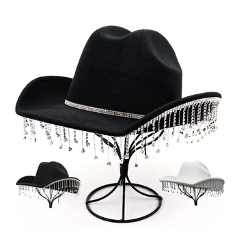 Дамски ковбойская шапка с флуоресцентни цветни пискюл, черно ковбойская шапка с пайети и ресни, каубойски шапки в стил Уестърн, шапки за булката, обикновена вечер шапка с декорация във формата на кристали