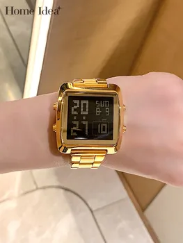 Дамски позлатени цифри ръчен часовник от неръждаема стомана за любителите на модата, широки квадратни водоустойчив светещи часовници