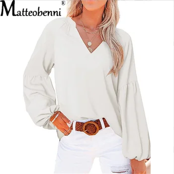 Дамски свободна мешковатая тениска, есенен пуловер с дълъг ръкав-фенерче и V-образно деколте, пролетно ежедневна туника, однотонная стилна градинска блуза, блузи