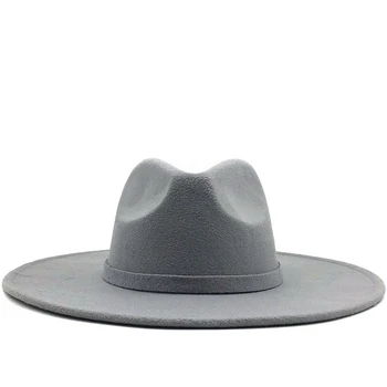 Дамски фетровая шапка с широка периферия, однотонная вълнена фетровая шапка за мъже, есенно-зимна панама, сиво джаз шапка Хазарт