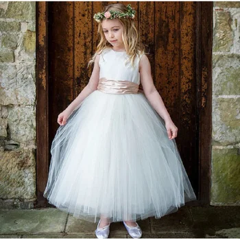 Елегантна детска рокля без ръкави с цветен модел за момичета, дори и макси рокля на принцеса, дантелени аксесоари за причастие