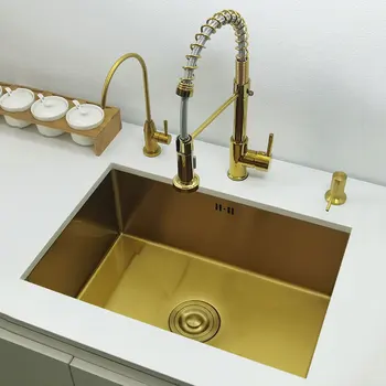 Златна кухненска мивка над тезгяха или под мивка, мивка с един умивалник, 304 от неръждаема стомана, мивки, мивка златни