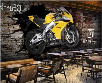 изработена по поръчка стенопис 3d фотообои Европейски и Американски мотоциклет, ломающий стената, начало декор, 3d тапети за стени, на рула