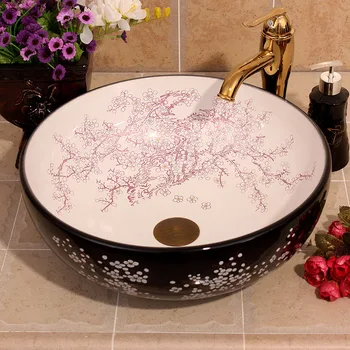 Керамични рисувани цветя сливи порцеланова рисувани керамични мивки, плот и мивка, баня кръгла мивка керамична купа