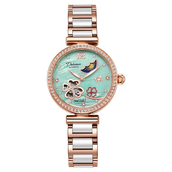 Механични часовници Lucky Clover за жени, керамичен каишка, оригинални ръчни часовници, скелет, автоматично, с диаманти, елегантни дамски часовници