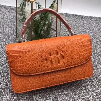Модерен дамски малка оранжева чанта от естествена крокодилска кожа, женски мини портфейл от естествена кожа на алигатор, женствена чанта през рамо