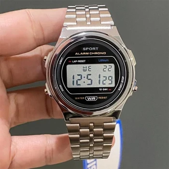 Мъжки часовник от неръждаема стомана с led подсветка; луксозен каишка F91W; водоустойчиви цифрови спортни военни денонощно; мъжки електронни часовници