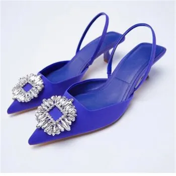 Нова дамски обувки, обувки с остри пръсти, розови обувки с диаманти, обувки на нисък ток с джапанки отзад дамски Zapatos De Mujer