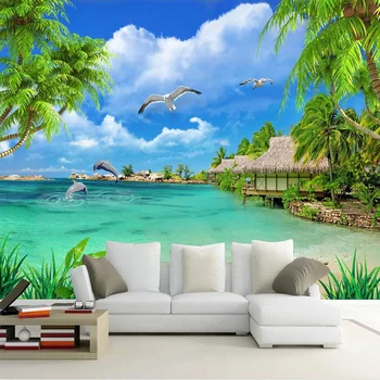 Потребителски стенни тапети 3D кокосова палма Морски пейзаж Стенни живопис Хол с телевизор, разтегателен фон Начало декор Водоустойчив 3D стикер