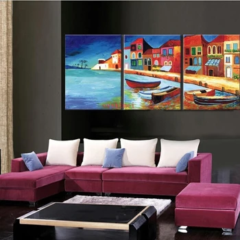 Ръчно рисувани Морски пейзаж стенно изкуство за декорация на дома, плаж вила ветроходство на платно с маслени бои 3 бр./компл. пейзажные картини на стената