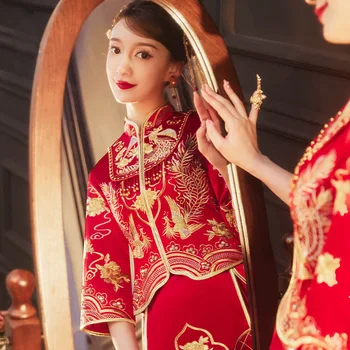 Сватбена рокля с бродерия на финикс за булката, дрехи за наздравици, традиционен китайски елегантен ципао с дълги ръкави в класически стил Чонсам