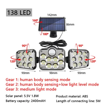 Сигурен led прожектор IP65 Водоустойчив с 3 режима на работа градински светлини Соларни лампи Външен led регулируеми, с монтиран на стената лампа