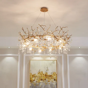 Френските луксозни led кристални полилеи Модерен мед окачен тавана лампа блясък за хол, трапезария, висящи осветителни тела