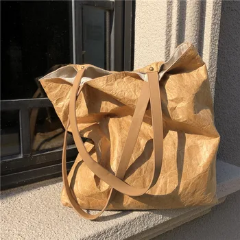 Хартиена чанта DuPont, чанта на едно рамо елегантна моющаяся чанта за покупки от крафт-хартия TYVEK с памучна подплата бельо