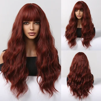 Червени дълги къдрави перуки, направени от синтетични косми, за жени, вино-червено перука от естествена вълна с бретон, топлоустойчива перуки за cosplay, вечерни перуки за коса