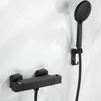 Черен/сребрист термостатичен душ, месинг стенен монтаж комплект за термостатического душ в банята, аксесоар за кранче със спрей глава ABS, регулиране на вентила