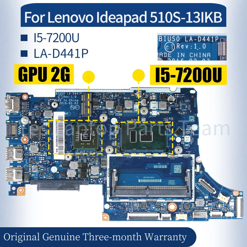 LA-D441P За Lenovo Ideapad 510S-13IKB дънна Платка на лаптоп 5B20M360025B20M3600611 5B20M3601111 I5-7200U GPU 2G дънна Платка на Лаптоп . ' - ' . 0