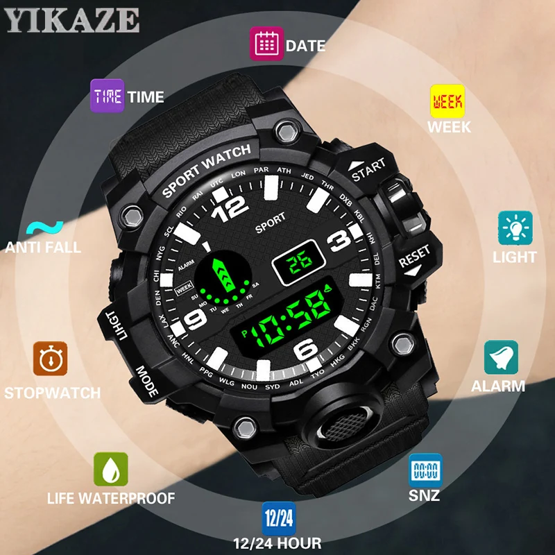 Многофункционални спортни часовници YIKAZE, led цифров мъжки часовник, водоустойчив хроносигнализация, военни мъжки часовници, електронни часовници . ' - ' . 0