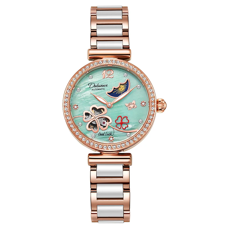 Механични часовници Lucky Clover за жени, керамичен каишка, оригинални ръчни часовници, скелет, автоматично, с диаманти, елегантни дамски часовници . ' - ' . 0
