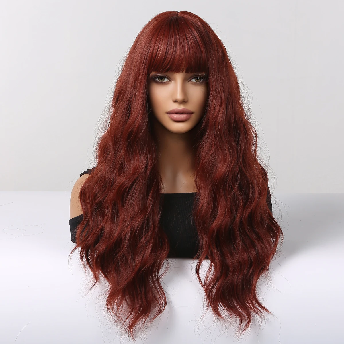 Червени дълги къдрави перуки, направени от синтетични косми, за жени, вино-червено перука от естествена вълна с бретон, топлоустойчива перуки за cosplay, вечерни перуки за коса . ' - ' . 1