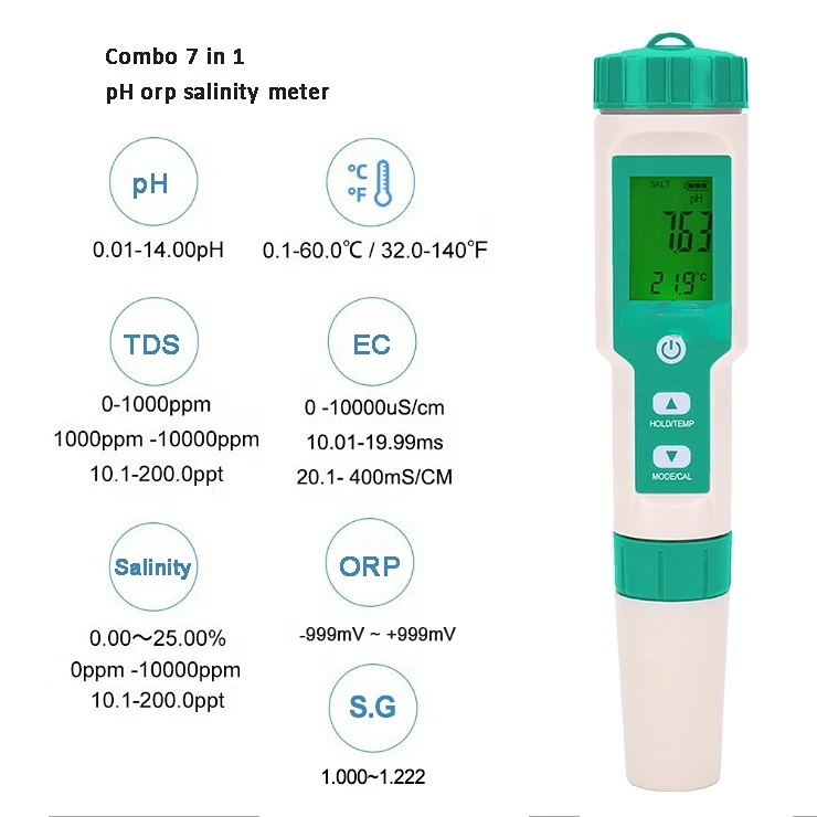 Китайски фабрично тестер за pH на водата дръжка м ORP 7 в 1 tds / ео / солена / orp измерване на температура, тестер . ' - ' . 1