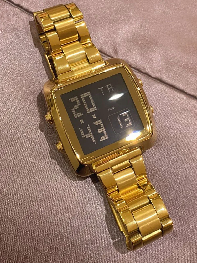 Дамски позлатени цифри ръчен часовник от неръждаема стомана за любителите на модата, широки квадратни водоустойчив светещи часовници . ' - ' . 1