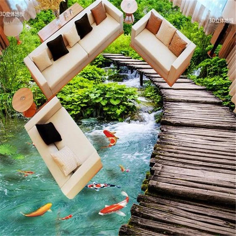 Beibehang Потребителски 3d подове Водоустойчиви етикети 3D стикери на подови плочки и Девет риба и дървен мост Конфигуриране на подови настилки от всякакъв размер . ' - ' . 1