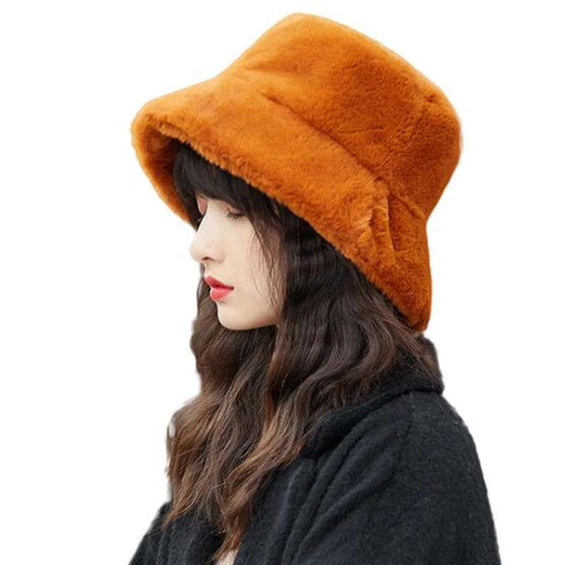 Модерен есенно-зимни рибарска шапка-кофа от изкуствена кожа с лисици ръка и заек, однотонная удебелена мека, топла шапка за риболов, шапка за момичета за почивка на открито . ' - ' . 1