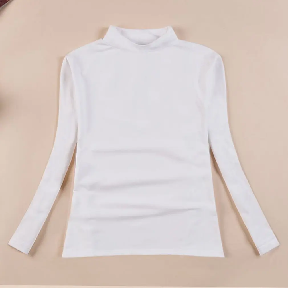 Модерен дамски облегающая однотонная тениска с високо воротом, есенен дамски тениски с дълъг ръкав и дупки за палеца, топ . ' - ' . 1