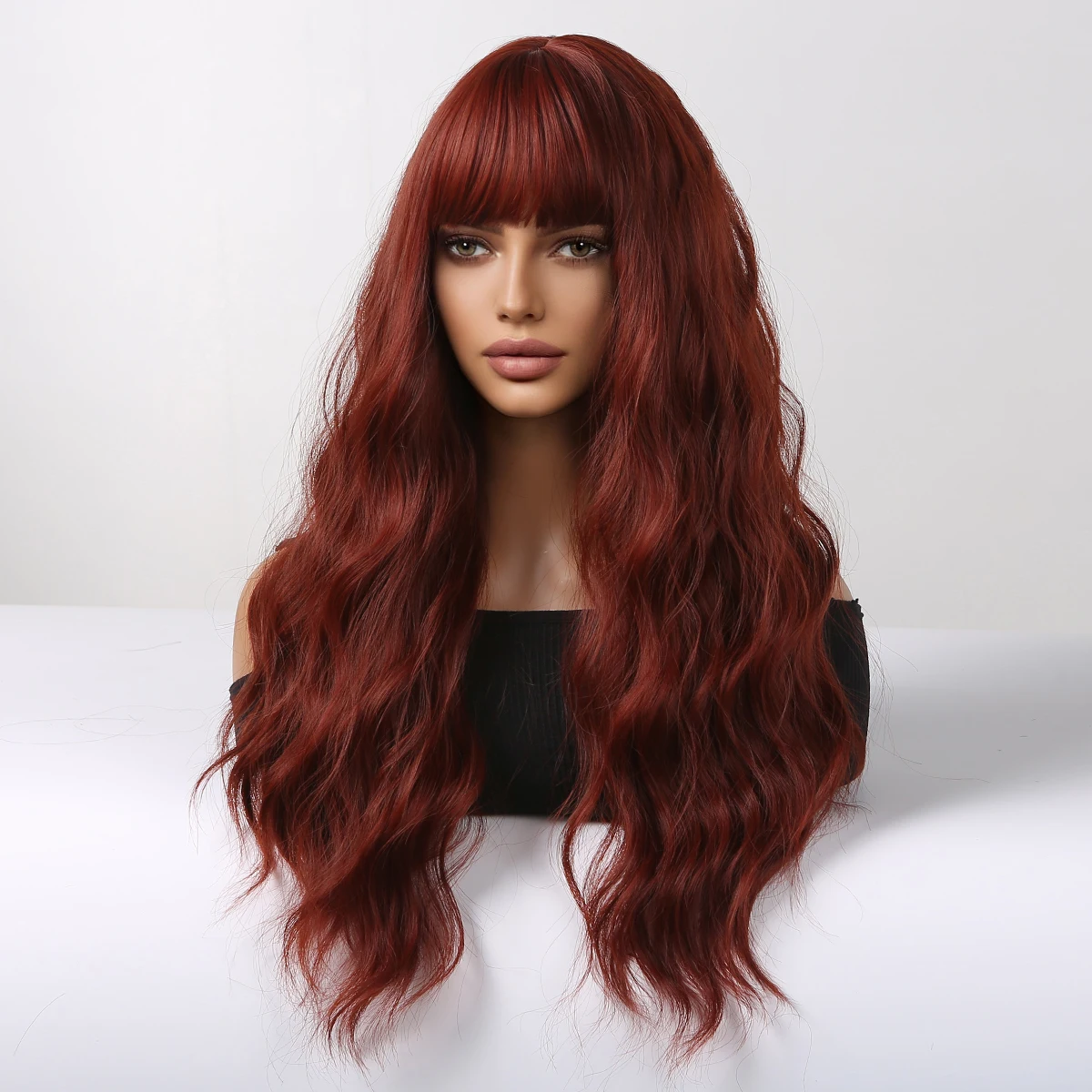 Червени дълги къдрави перуки, направени от синтетични косми, за жени, вино-червено перука от естествена вълна с бретон, топлоустойчива перуки за cosplay, вечерни перуки за коса . ' - ' . 2