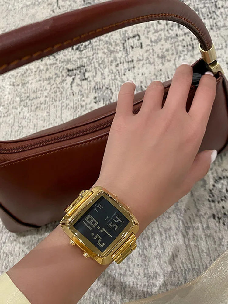 Дамски позлатени цифри ръчен часовник от неръждаема стомана за любителите на модата, широки квадратни водоустойчив светещи часовници . ' - ' . 2