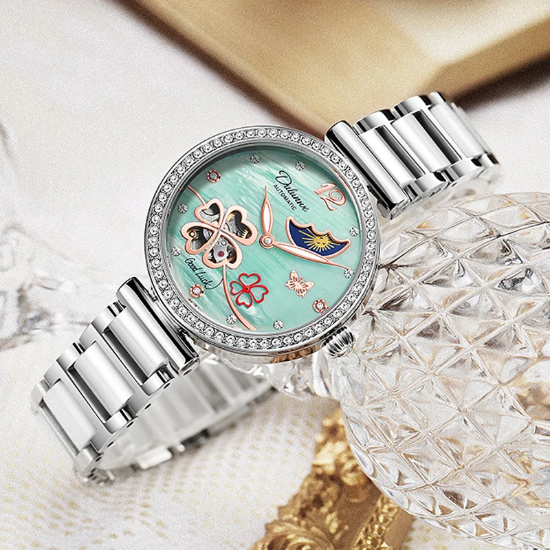 Механични часовници Lucky Clover за жени, керамичен каишка, оригинални ръчни часовници, скелет, автоматично, с диаманти, елегантни дамски часовници . ' - ' . 2