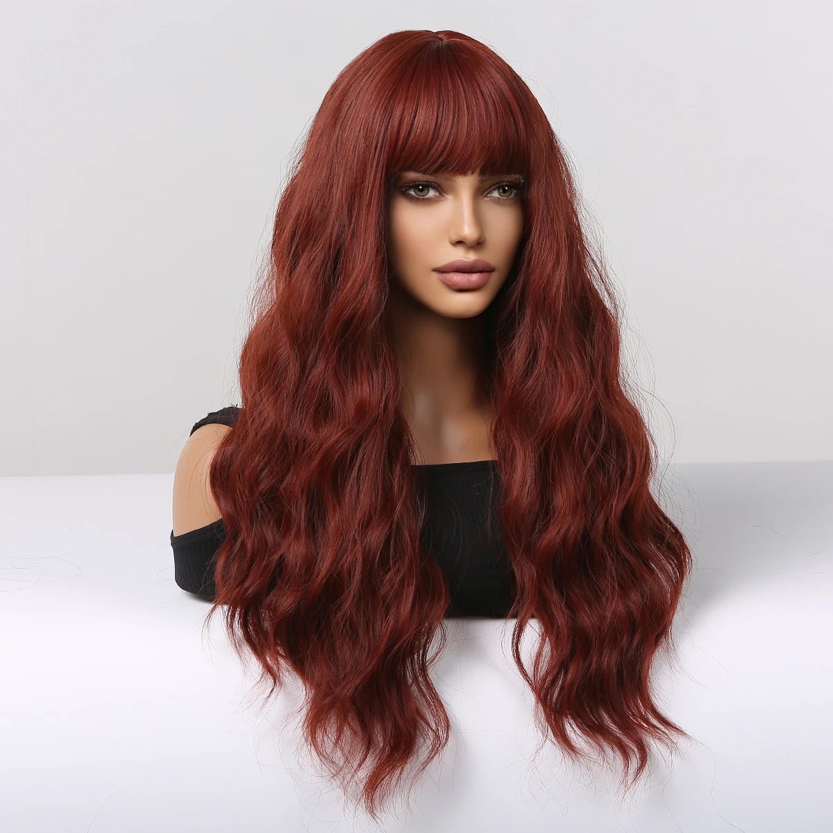 Червени дълги къдрави перуки, направени от синтетични косми, за жени, вино-червено перука от естествена вълна с бретон, топлоустойчива перуки за cosplay, вечерни перуки за коса . ' - ' . 3