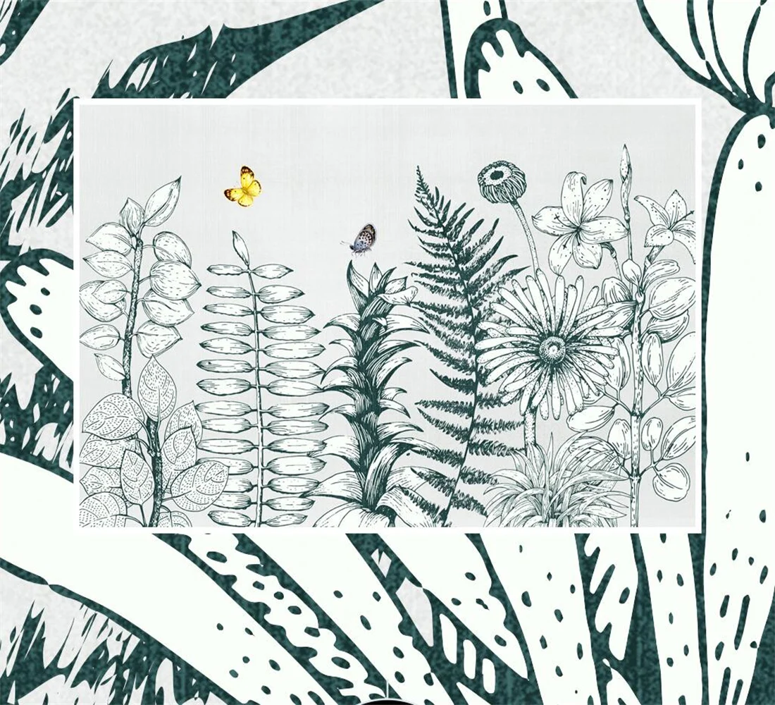 Beibehang Потребителски 3d тапети Скандинавските тропически растения линия на Пеперуда на цвете фотообои тапети за дома papel de parede . ' - ' . 3