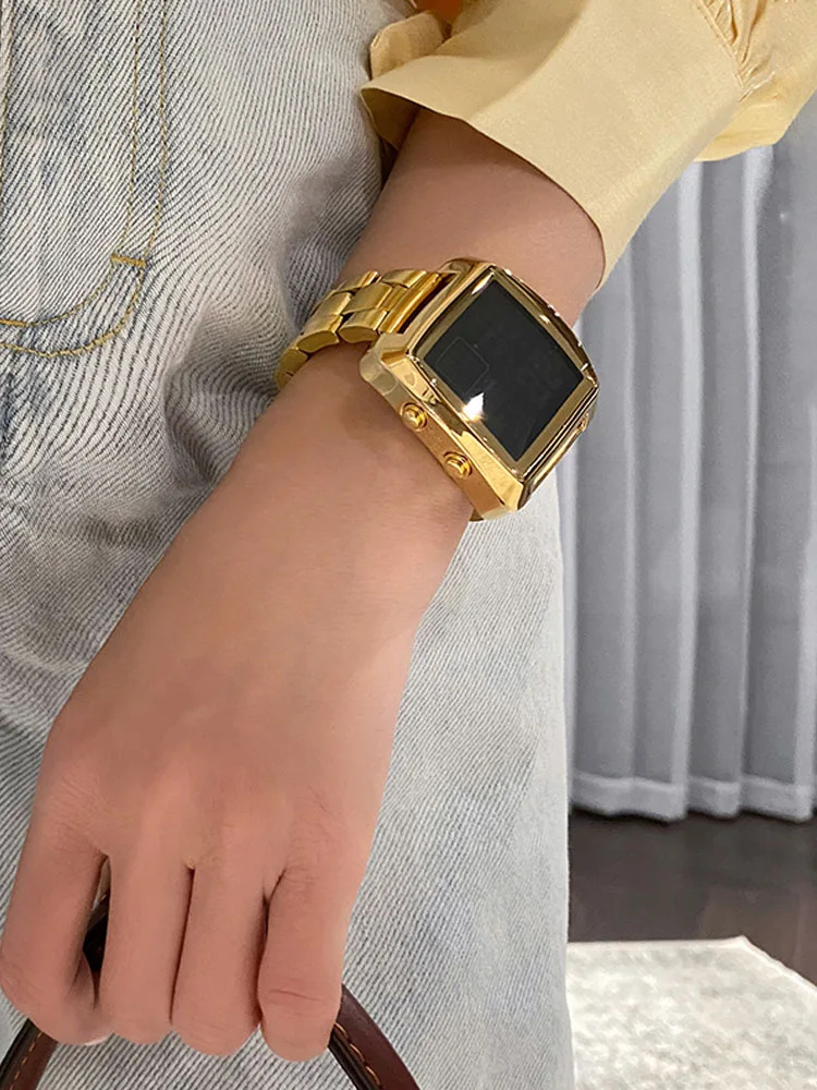 Дамски позлатени цифри ръчен часовник от неръждаема стомана за любителите на модата, широки квадратни водоустойчив светещи часовници . ' - ' . 4