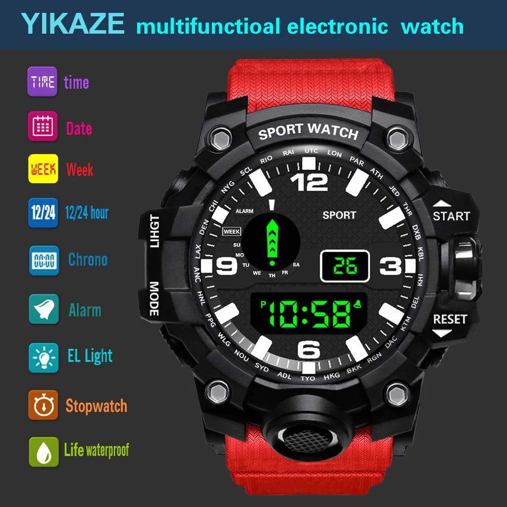 Многофункционални спортни часовници YIKAZE, led цифров мъжки часовник, водоустойчив хроносигнализация, военни мъжки часовници, електронни часовници . ' - ' . 4