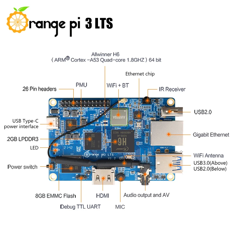 Orange Pi 3 LTS С блок захранване Type-C EU Одноплатный Компютър с отворен код AllWinner H6 2GB, работещ под Android 9.0 Ubuntu, Debian . ' - ' . 5