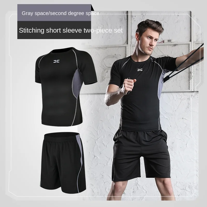 Нов мъжки ежедневни спортен костюм за бягане на открито с къси ръкави, костюм-двойка . ' - ' . 5