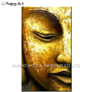 100% Ръчна изработка, Модерни Златисто-Жълт Живопис с маслени Бои върху Половината от Лицето на Буда върху Платно, Абстрактна Живопис на Буда за Декора на Стените на Хола