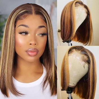 4/27 Маркирайте перуки Боб директни перуки, изработени от човешка коса на дантели 13x4 HD за черни жени, къси цветни перуки-боб на съвсем малък на лепилен основа