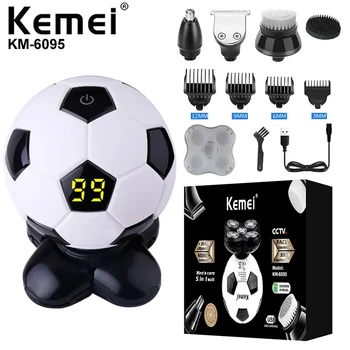Kemei KM-6095 Самобръсначка за Мъже 5 в 1 Футболно Форма на Бръснач Идеалната плешивото Безжични Ротационен Машинки За Стригане Водоустойчив Комплект
